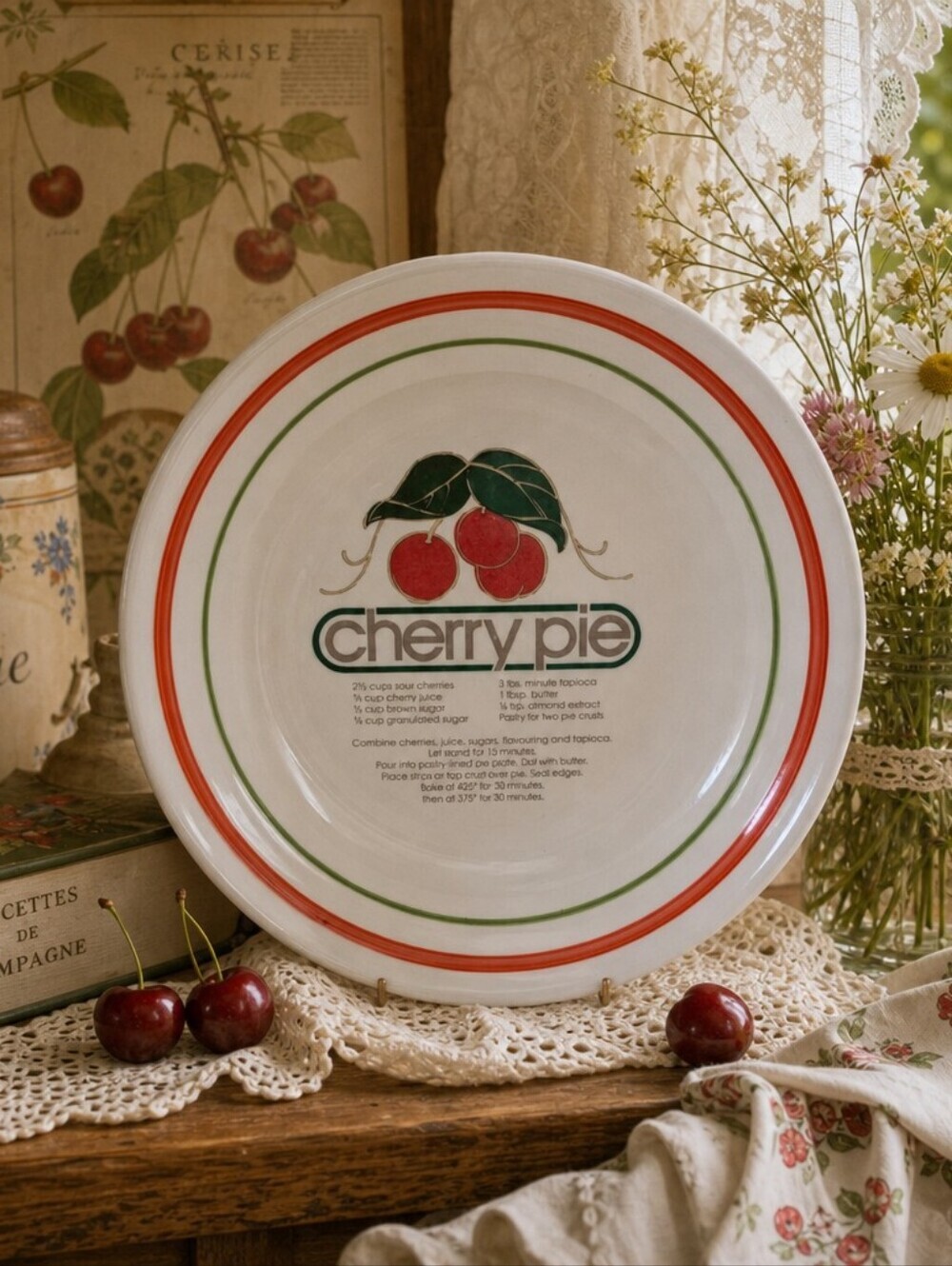 Vintage Cherry Pie Serving Bowl - Red & Green